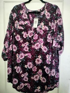 Torrid 2 Pink & Purple Floral Leopard Harper Tunic Blouse 2X Plus Size Top